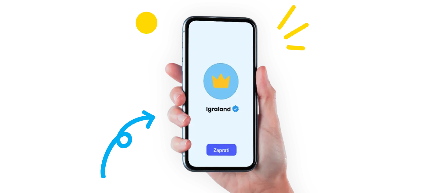 Ruka drži telefon sa prikazom Igraland profila i dugmetom Zaprati na ekranu
