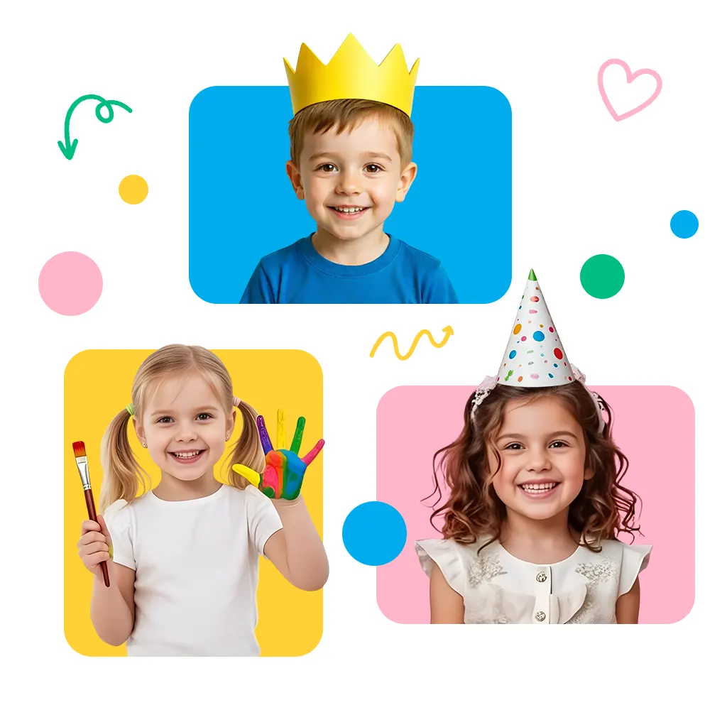 Nasmejana deca u &scaron;arenom kolažu sa krunom, rođendanskom kapom i bojama za kreativne aktivnosti