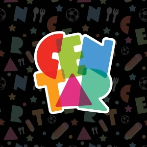 Logo igraonice "Centar" sa sarenim, preklapajucim slovima na crnoj pozadini punoj simbola.