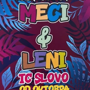&Scaron;areni poster sa natpisom "Megi & Leni" na tamnoljubiċastoj pozadini sa listićima.