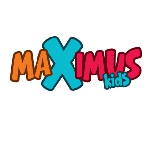 Sareno logo "Maximus kids" sa velikim slovima u narandzastoj, plavoj i roze boji na beloj pozadini.