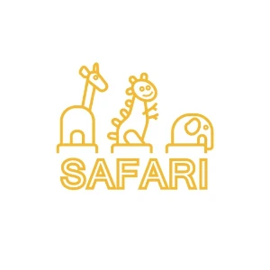 Zuti logotip igraonice Safari sa crtanim siluetama zirafe, dinosaurusom i slonom iznad natpisa Safari.